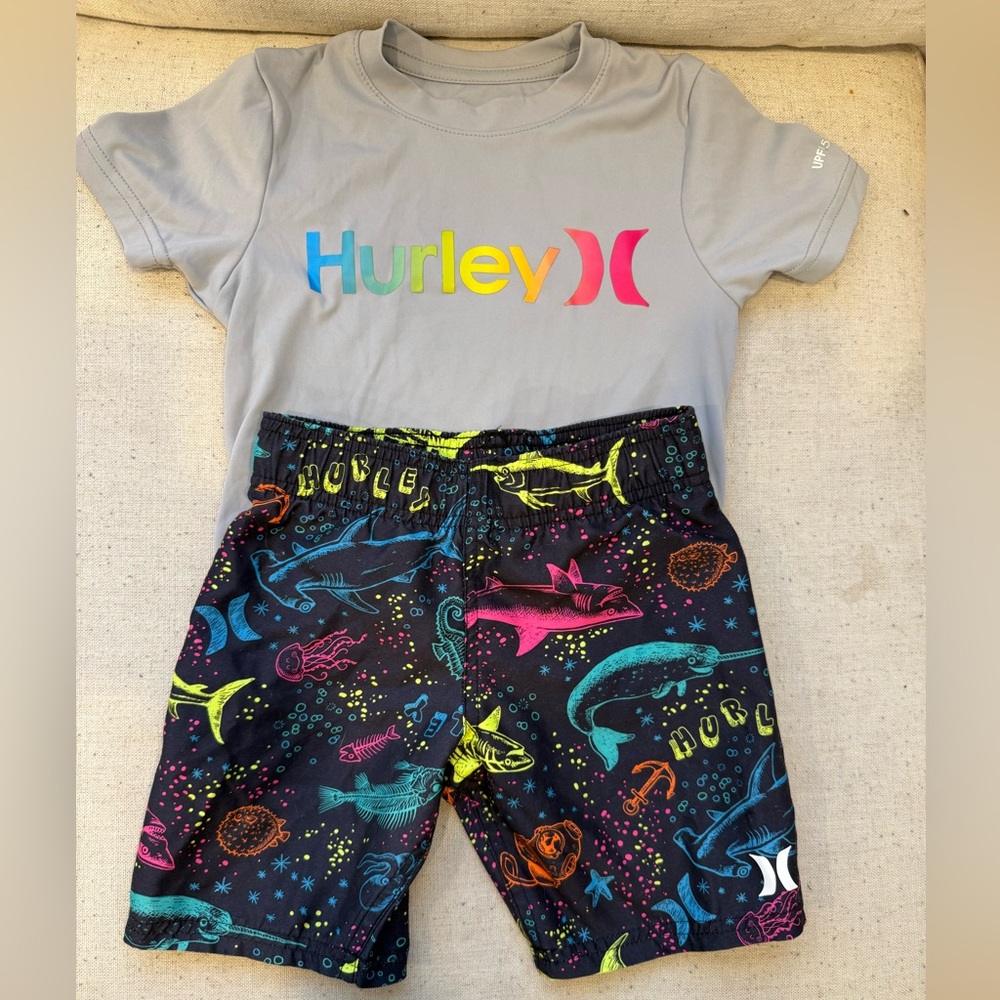 Boys Hurley Multicolor Logo Rash Guard and Shark Print Swim Trunk Set